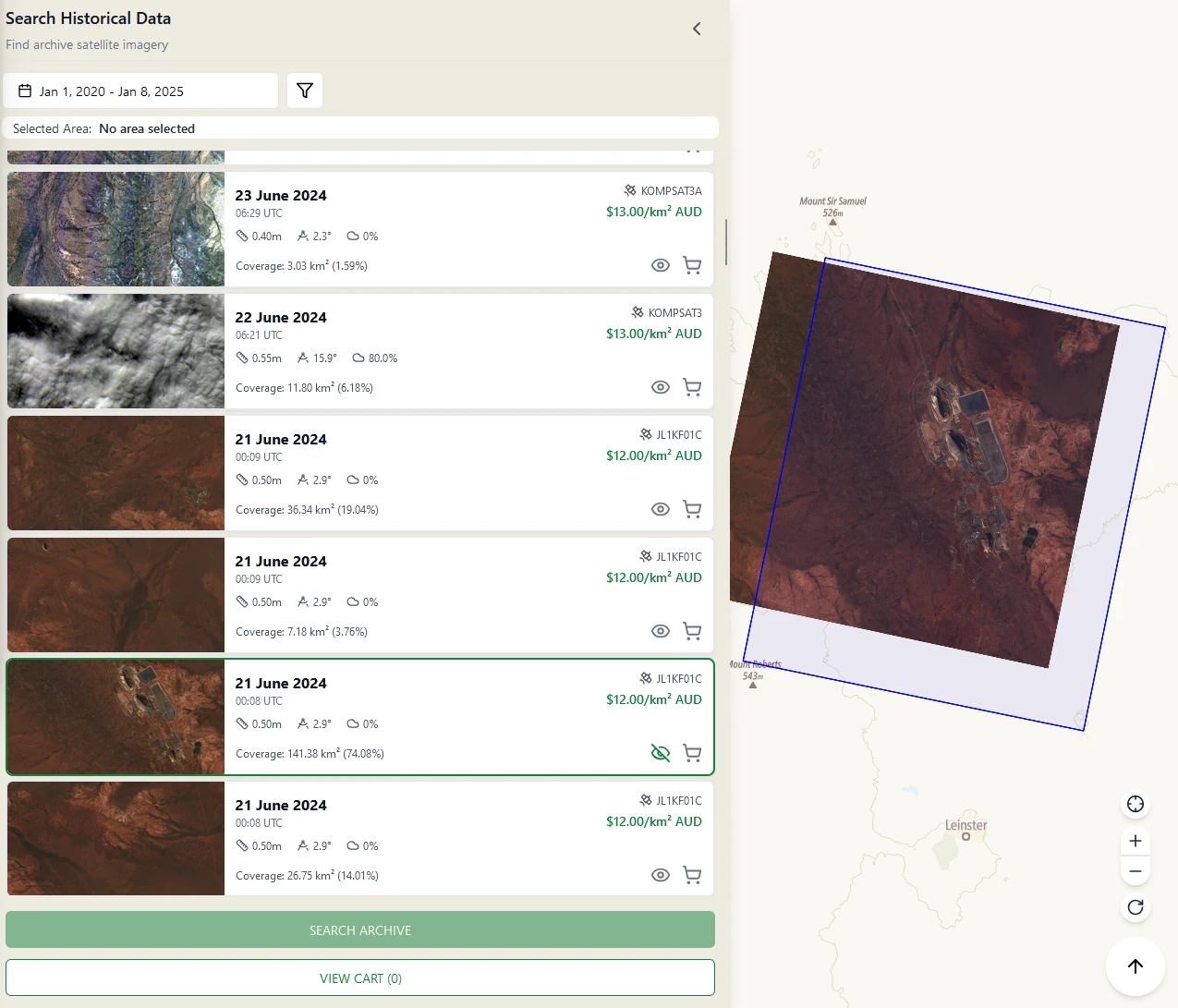 Archive search in Pera Portal: scene results with date, sensor, price and cloud cover beside a map with a selected footprint drawn against the area of interest.