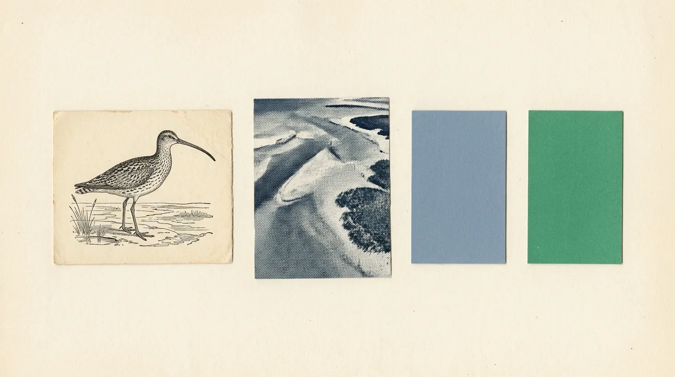 Collage: an engraved curlew on a mudflat beside a halftone fragment of tidal sand flats and seagrass.