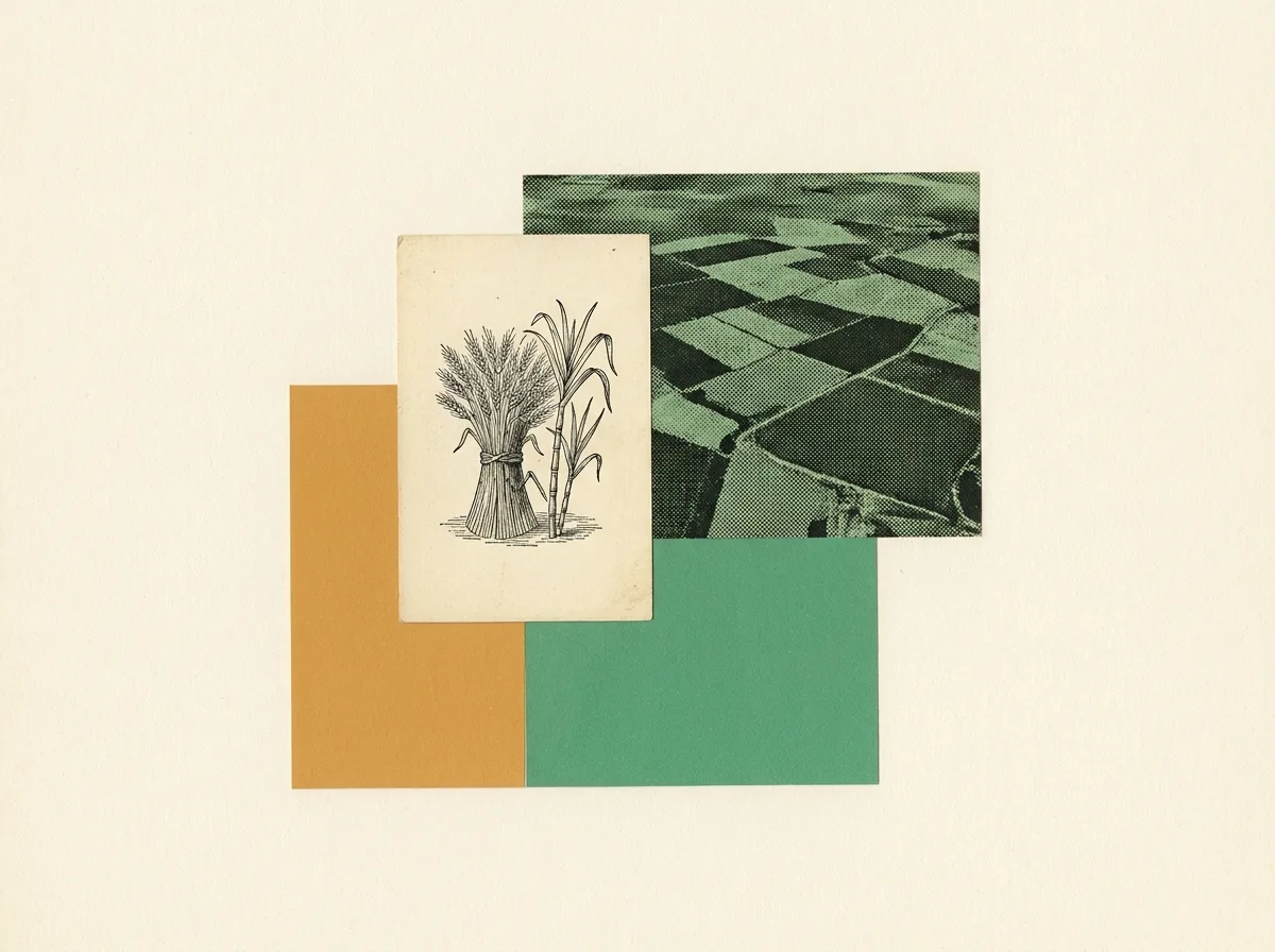 Collage: an etched sheaf of wheat and stalk of sugar cane beside a halftone patchwork of crop fields.