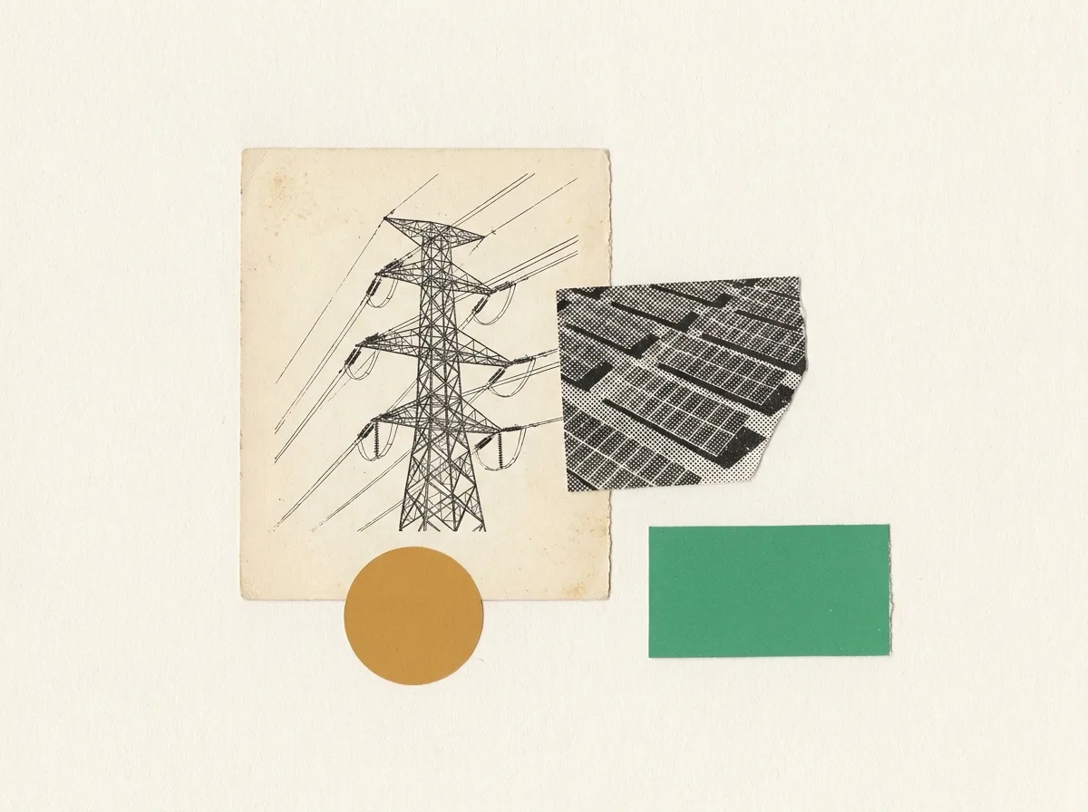 Collage: an etched transmission tower beside a halftone fragment of solar panel rows, with an ochre sun.