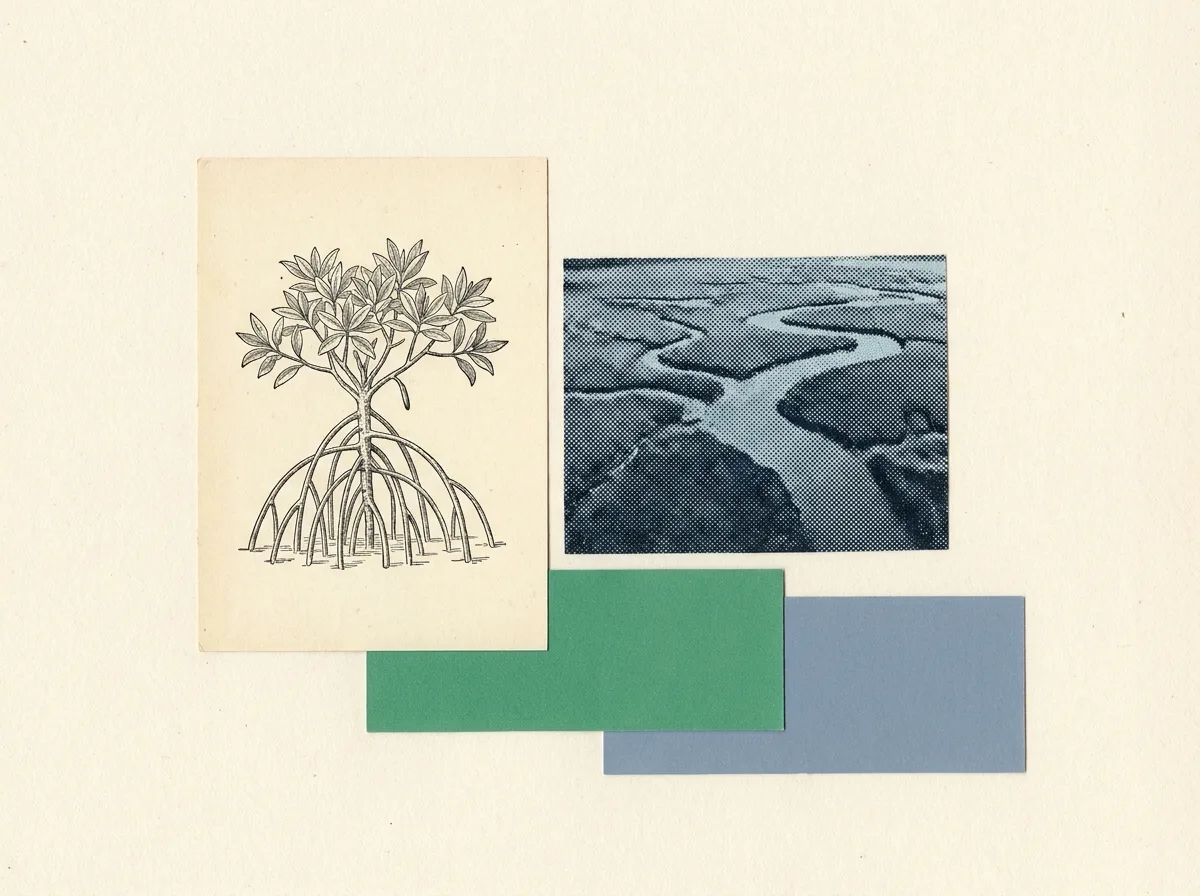 Collage: a botanical engraving of a mangrove beside a halftone fragment of tidal creeks in a saltmarsh.