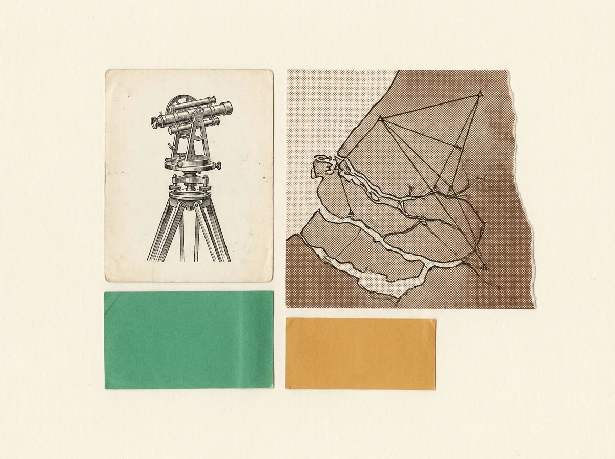 Collage: an etched surveyor's theodolite beside a halftone map fragment crossed by triangulation lines.