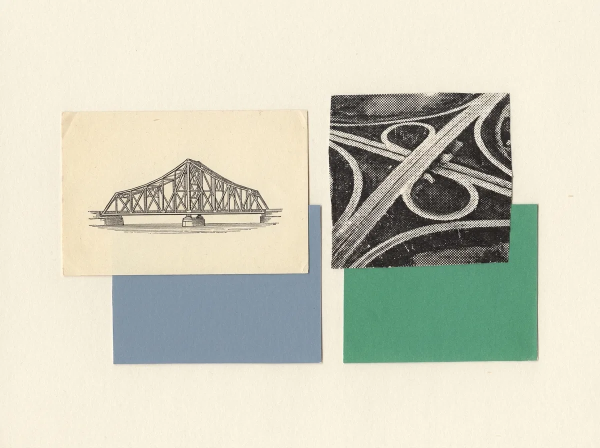 Collage: an etched steel truss bridge beside a halftone fragment of a road interchange from above.