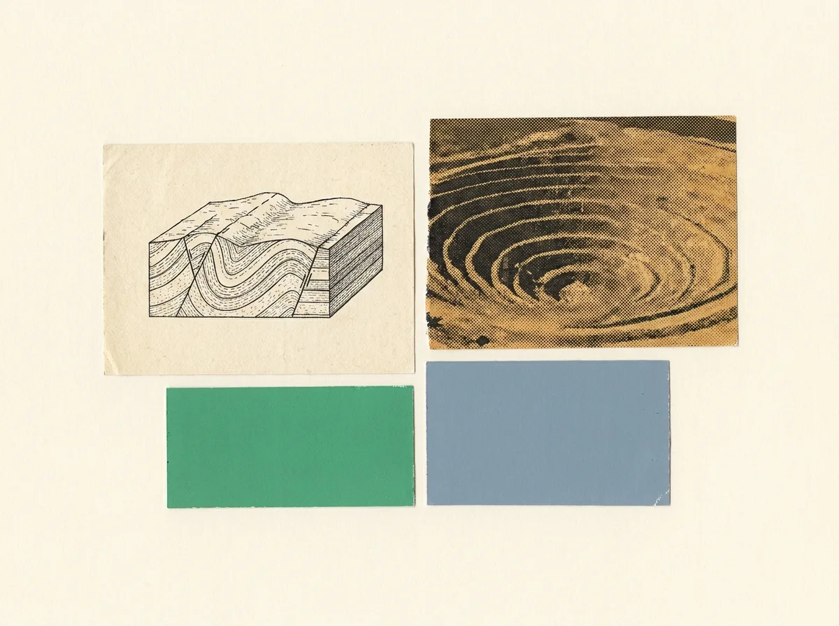 Collage: an etched block diagram of folded rock strata beside a halftone fragment of a terraced open pit.