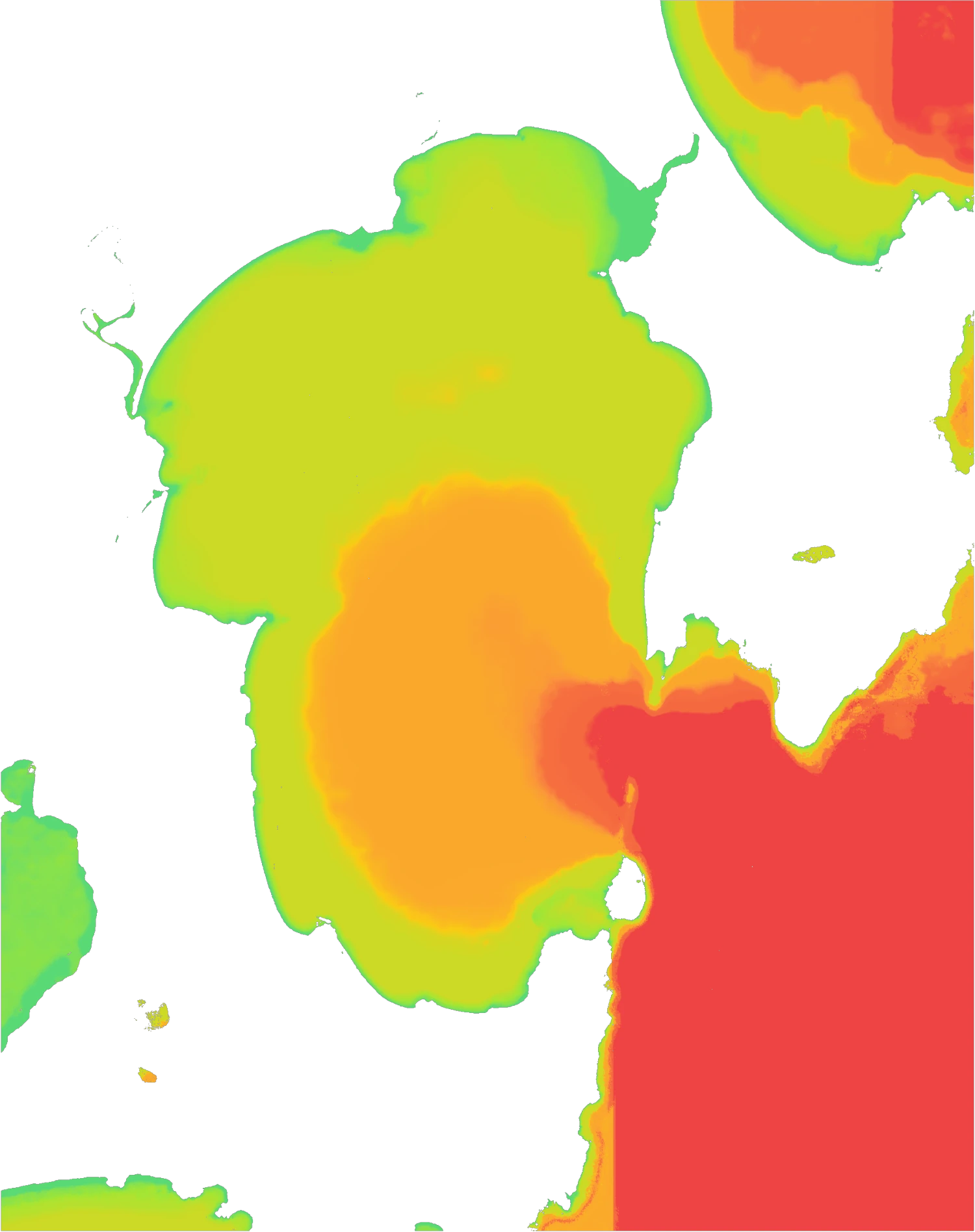 Per-pixel vertical uncertainty map of Jervis Bay, green where depth is confident grading to red where it is uncertain