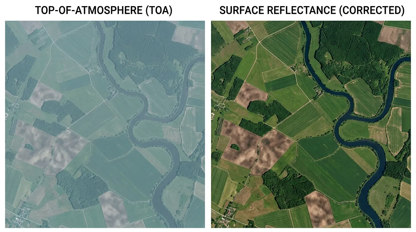 Side-by-side comparison of the same satellite image showing top-of-atmosphere reflectance with a hazy blue cast on the left and atmospherically corrected surface reflectance with vivid true colours on the right