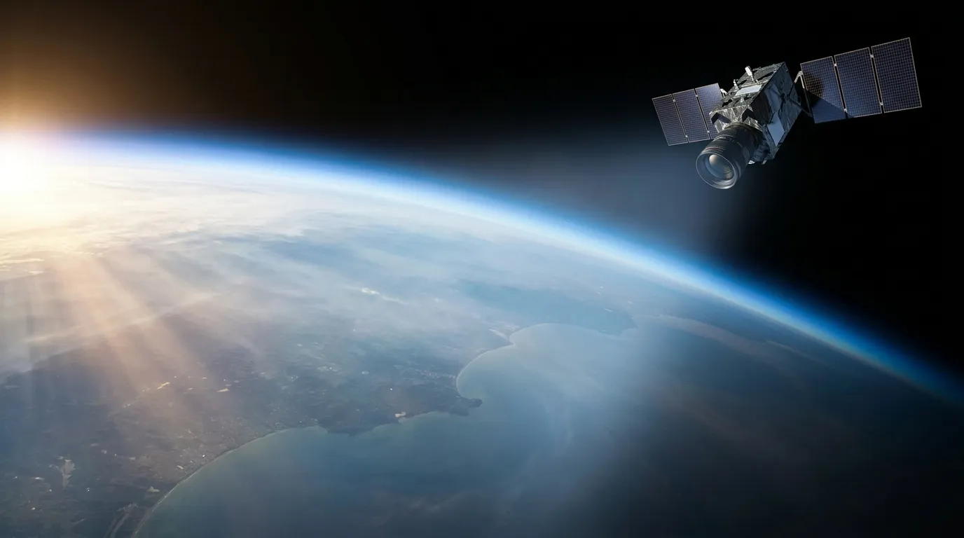 Satellite in low Earth orbit looking down through Earth's hazy atmosphere, the layer that atmospheric correction has to strip out of every image