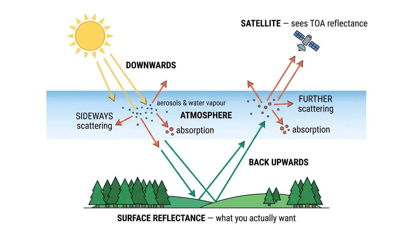 Diagram showing how sunlight scatters and gets absorbed as it passes through the atmosphere down to the surface and back up to a satellite, illustrating why atmospheric correction is needed for satellite imagery