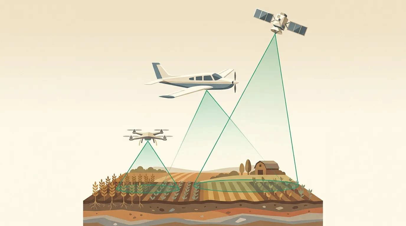 Illustration comparing drone, aerial and satellite imagery: three platforms at different altitudes viewing the same farmland