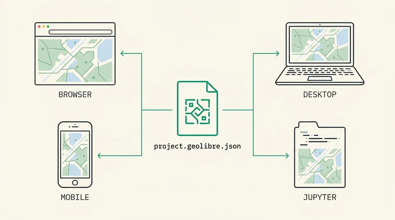 GeoLibre explained: the same cloud-native GIS project file opening in a browser, a desktop app, a phone, and a Jupyter notebook