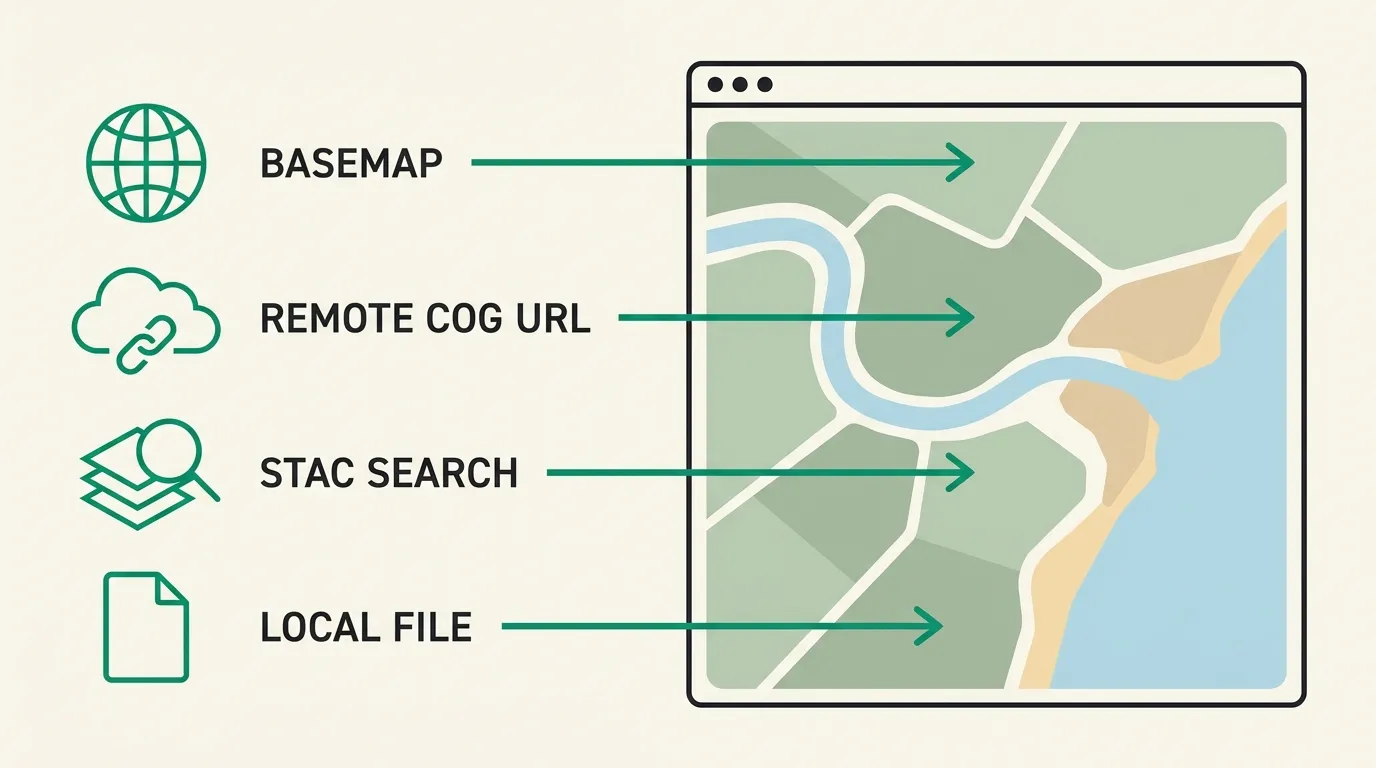 Diagram of the four ways to add satellite imagery to GeoLibre: built-in basemaps, a remote COG URL, a STAC catalogue search, and a local raster file