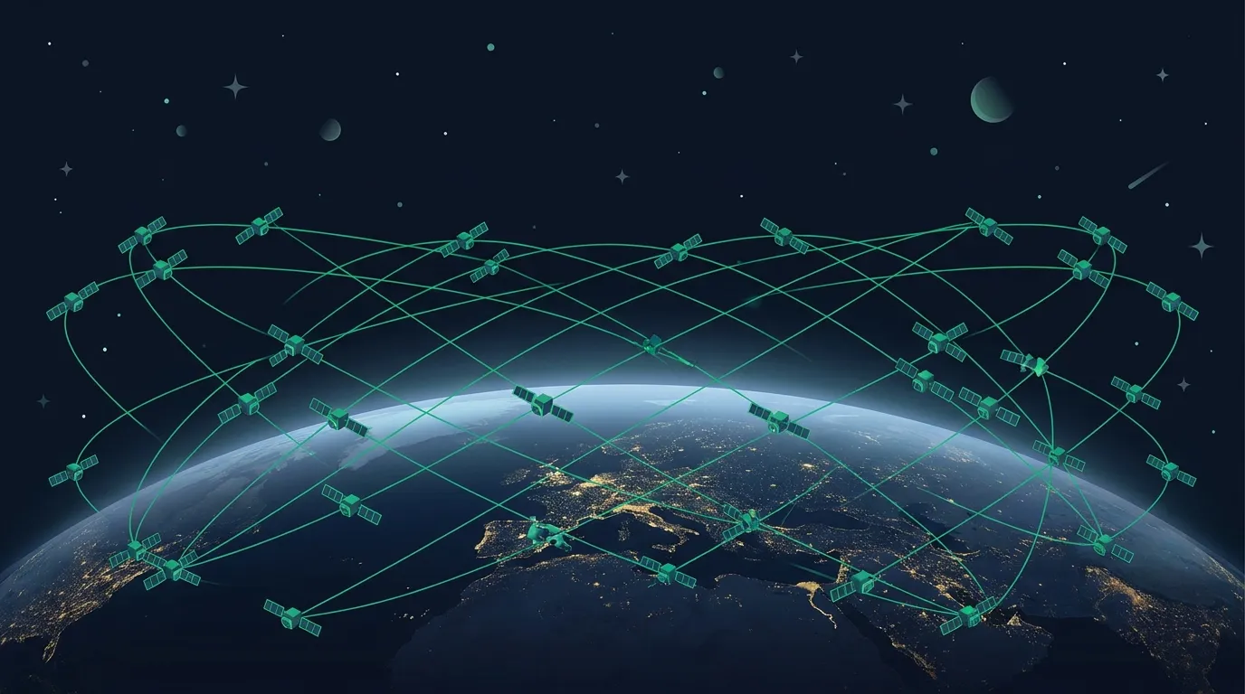 Illustration of the Jilin-1 satellite constellation in staggered orbits above Earth at night