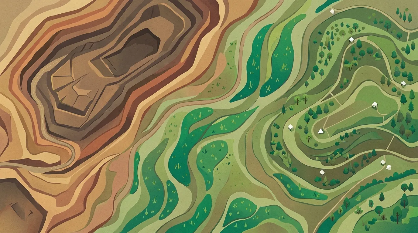 Illustration of an open-cut mine site in progressive stages of rehabilitation, from bare terraced earth to revegetated landforms