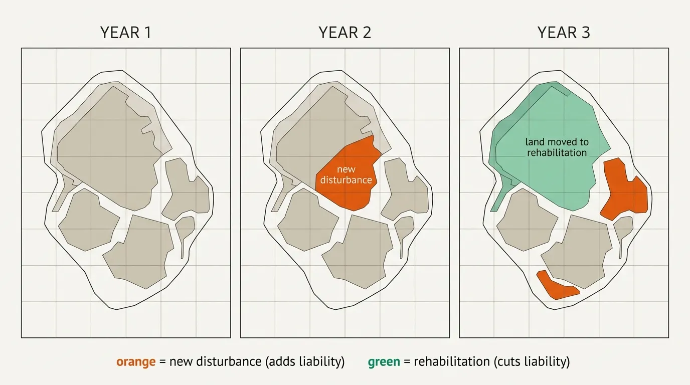 Three-panel time series of the same mine site across three years, showing newly disturbed land added in orange and land moved into rehabilitation shown in green, illustrating how the reported disturbed area changes between MRF reporting periods