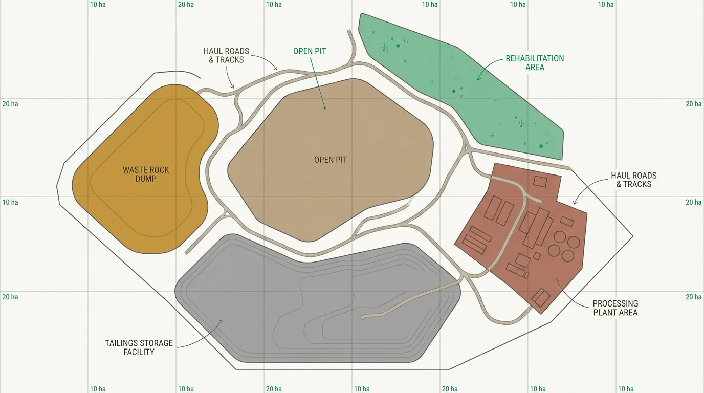 Diagram of a Western Australian mine site from above with disturbance zones outlined as labelled polygons over a hectare grid, illustrating how disturbed area is measured for Mining Rehabilitation Fund reporting