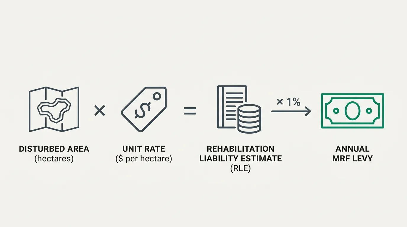 Infographic showing the MRF levy calculation flowing left to right: disturbed area in hectares times a per-hectare unit rate gives the Rehabilitation Liability Estimate, multiplied by 1% to give the annual levy