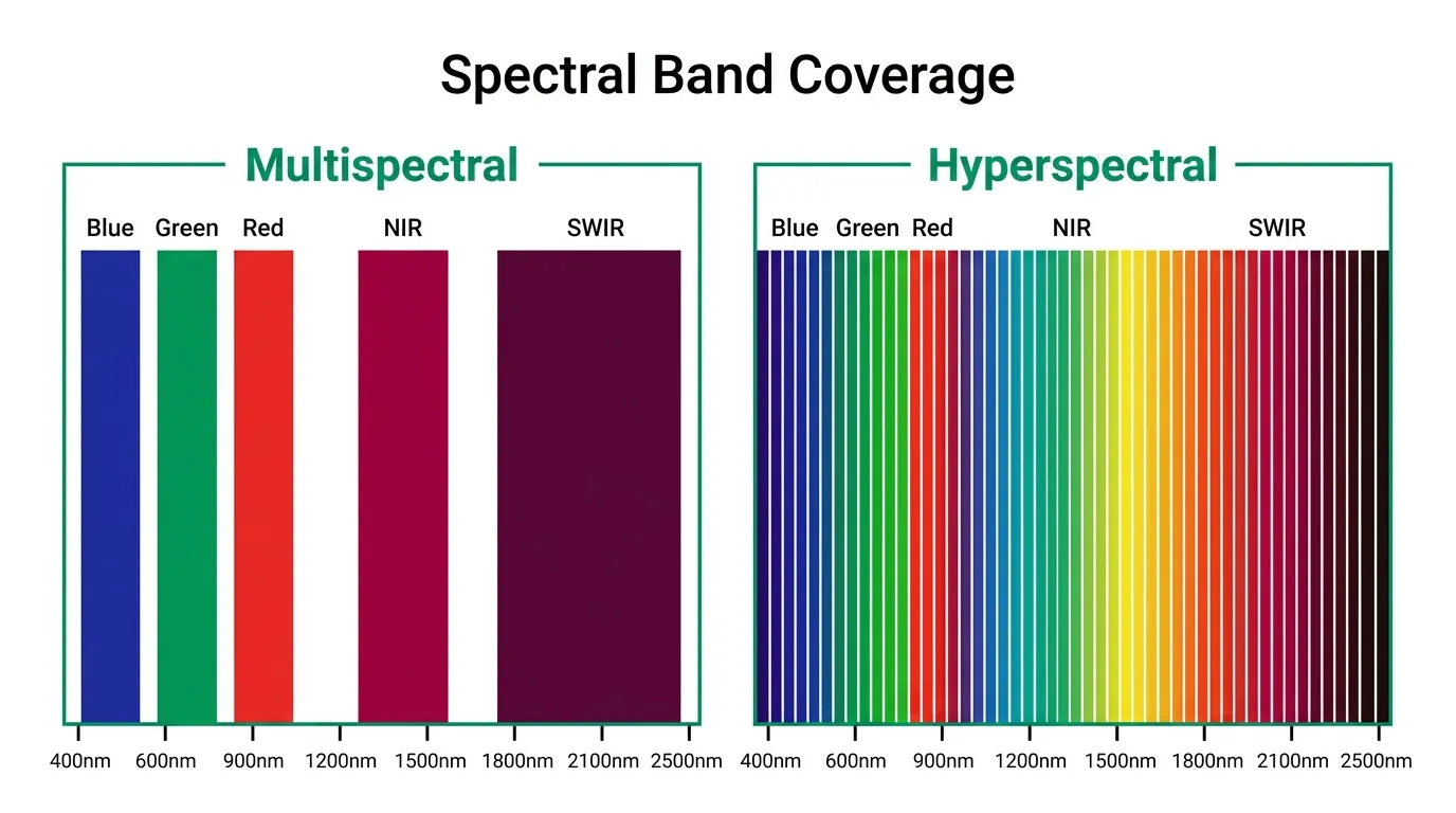 Diagram comparing multispectral and hyperspectral satellite imaging band coverage across the electromagnetic spectrum