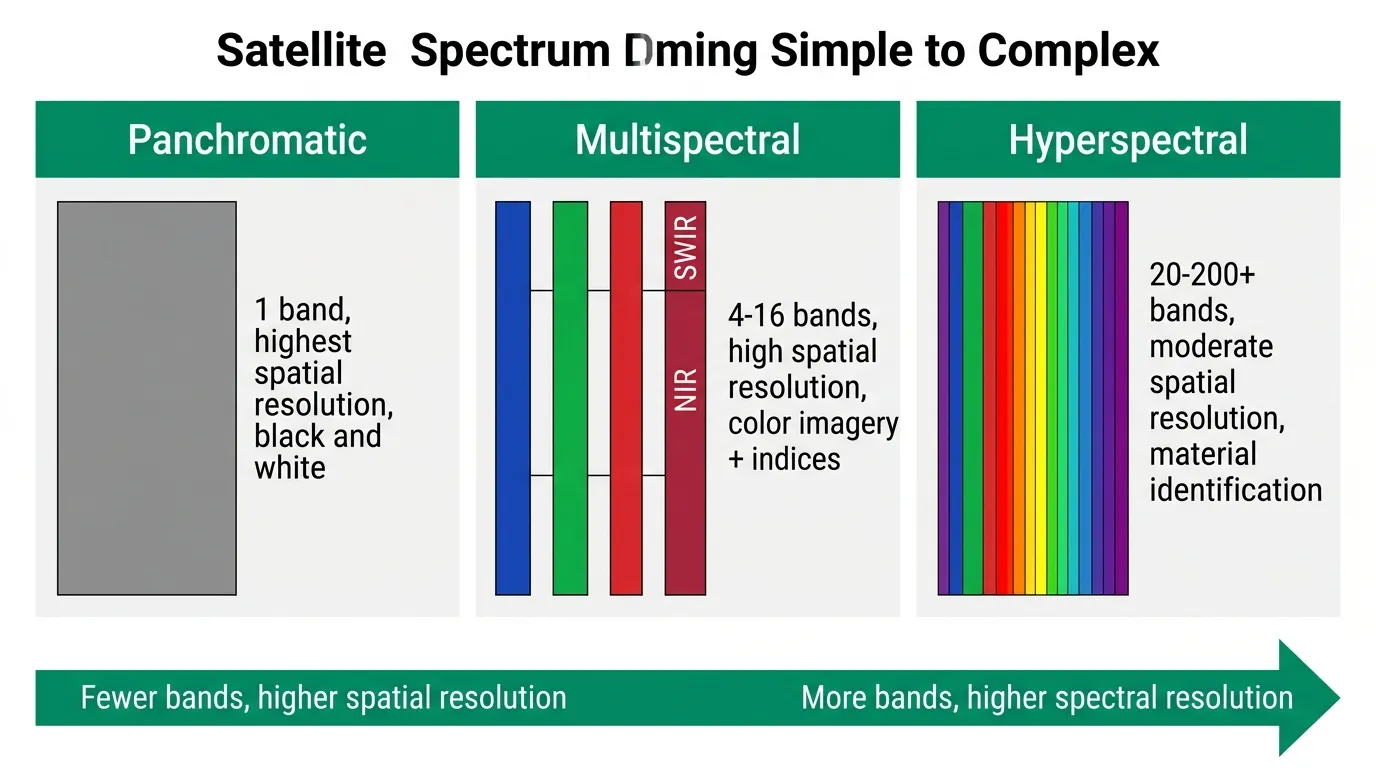 Diagram showing the progression from panchromatic (1 band) to multispectral (4-16 bands) to hyperspectral (20-200+ bands) satellite imaging