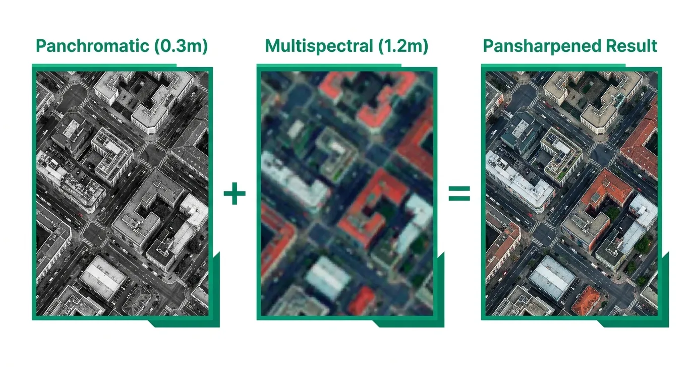 Pansharpening process showing panchromatic and multispectral satellite images fused into a sharp colour result