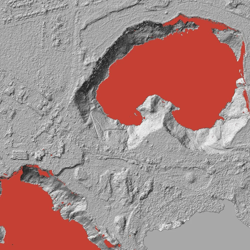 Hillshade of the Bultfontein mine from NASA Ames Stereo Pipeline, with large red areas on the pit walls where no height was measured
