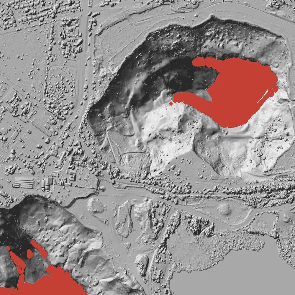 Hillshade of the Bultfontein mine from Parallax, with a small red area on the shadowed pit floor