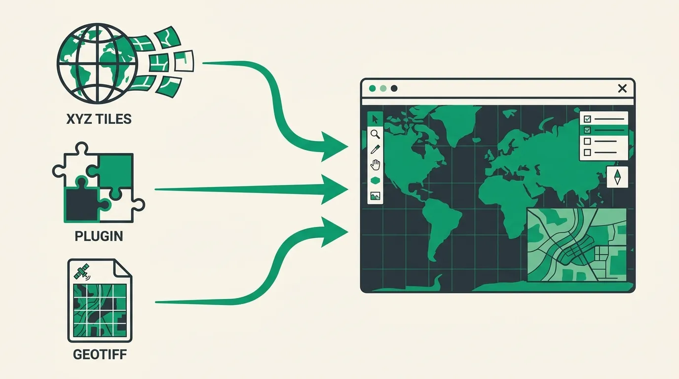 Diagram showing three ways to add satellite imagery to QGIS: XYZ tile connections, the QuickMapServices plugin, and GeoTIFF files loaded directly