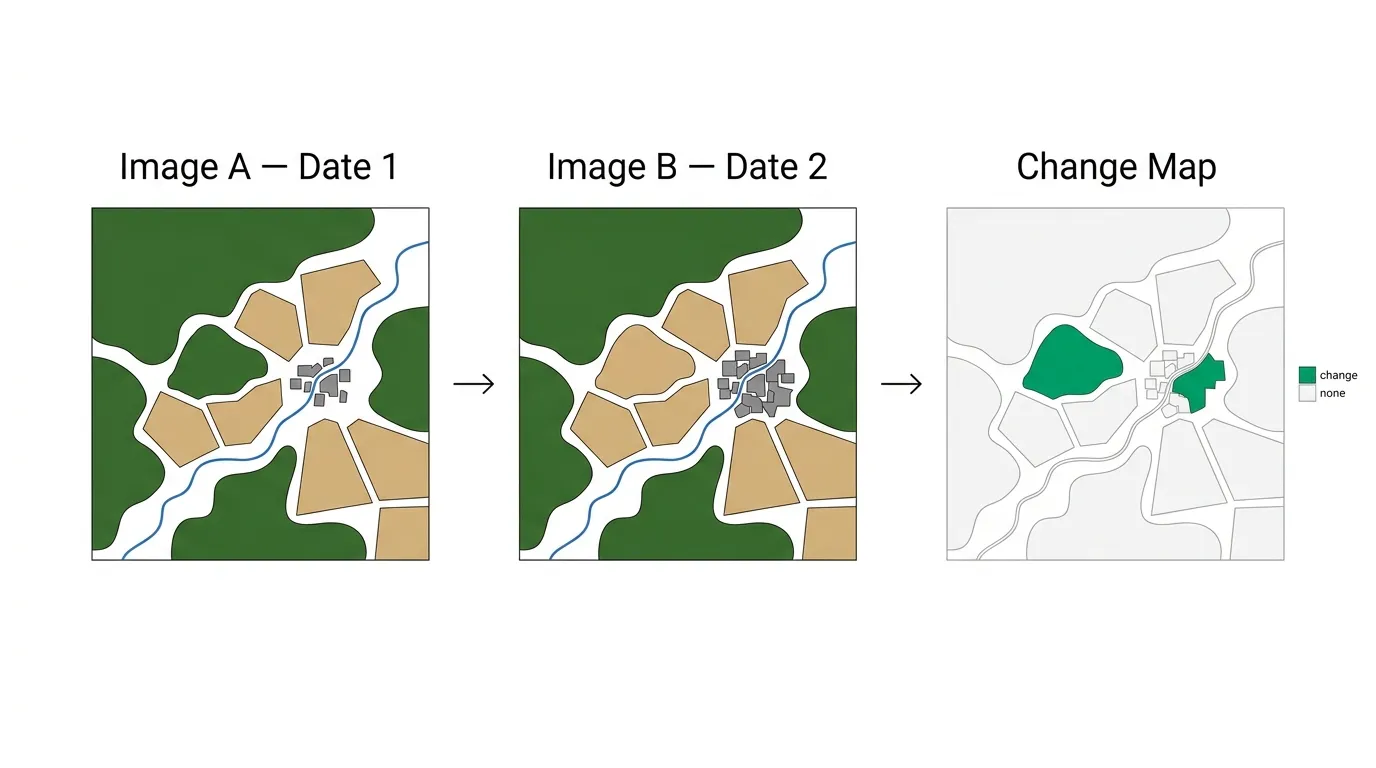 Three-panel diagram showing satellite change detection: Image A from Date 1, Image B from Date 2, and the resulting Change Map where only genuinely changed areas glow green