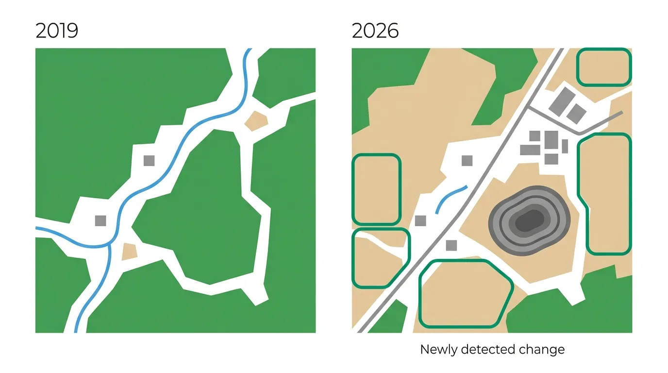 Diagram illustrating satellite change detection: the same area in 2019 and 2026 showing deforestation, a new road and a new mine, with changed areas outlined in green