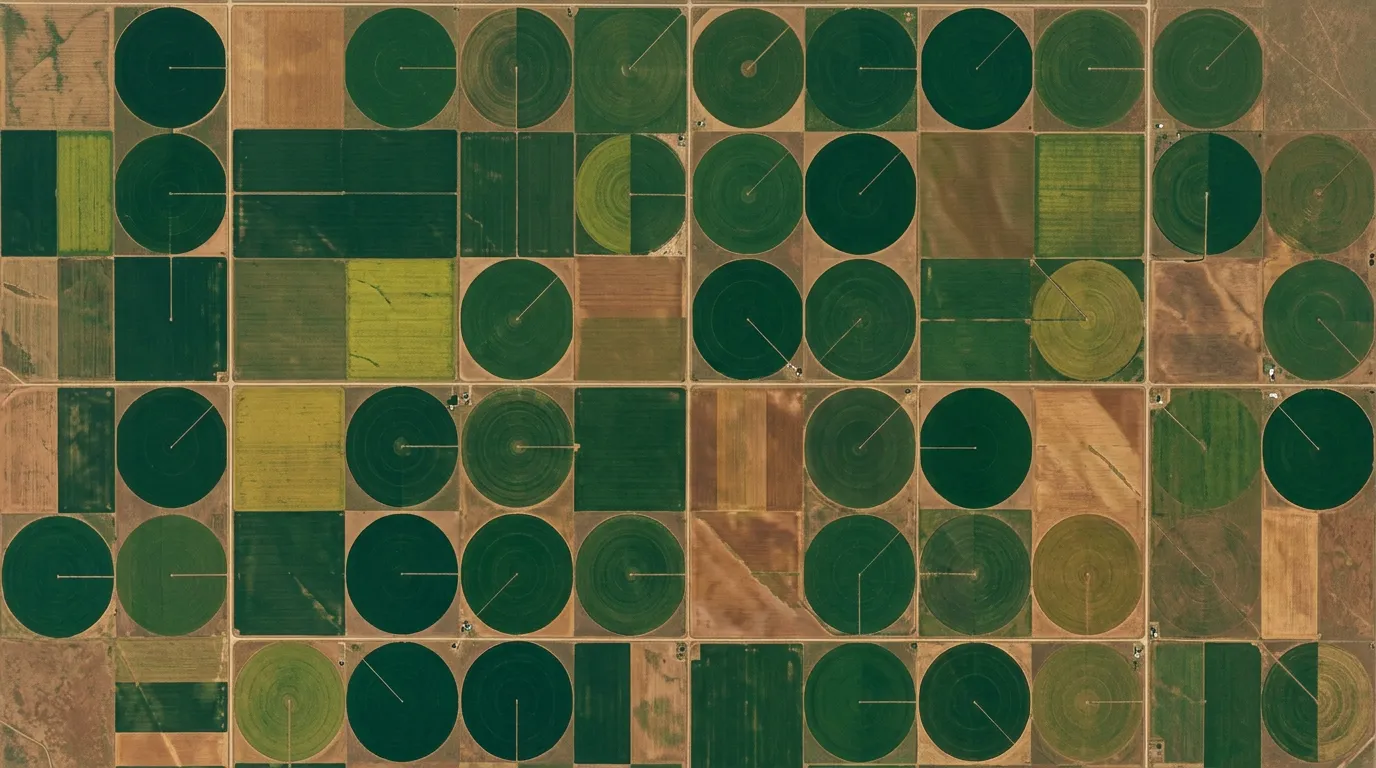 Satellite view of geometric agricultural fields showing the type of imagery available at different price tiers