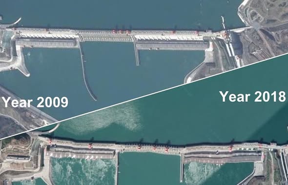 Satellite imagery of the Three Gorges Dam showing geometric distortion from inadequate orthorectification