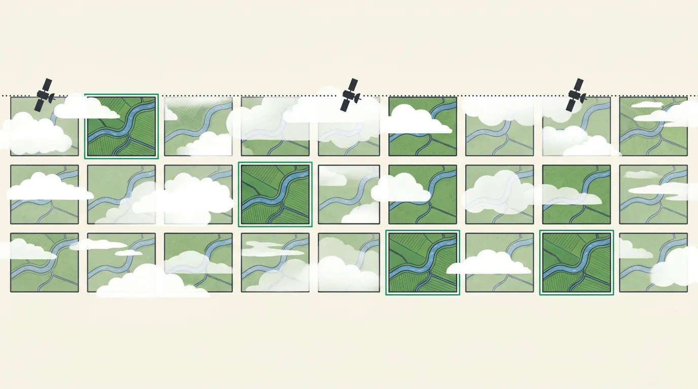 Illustration of a month of satellite passes over the same farmland, most of them blocked by cloud and only a few clear, showing why up-to-date satellite images depend on the weather