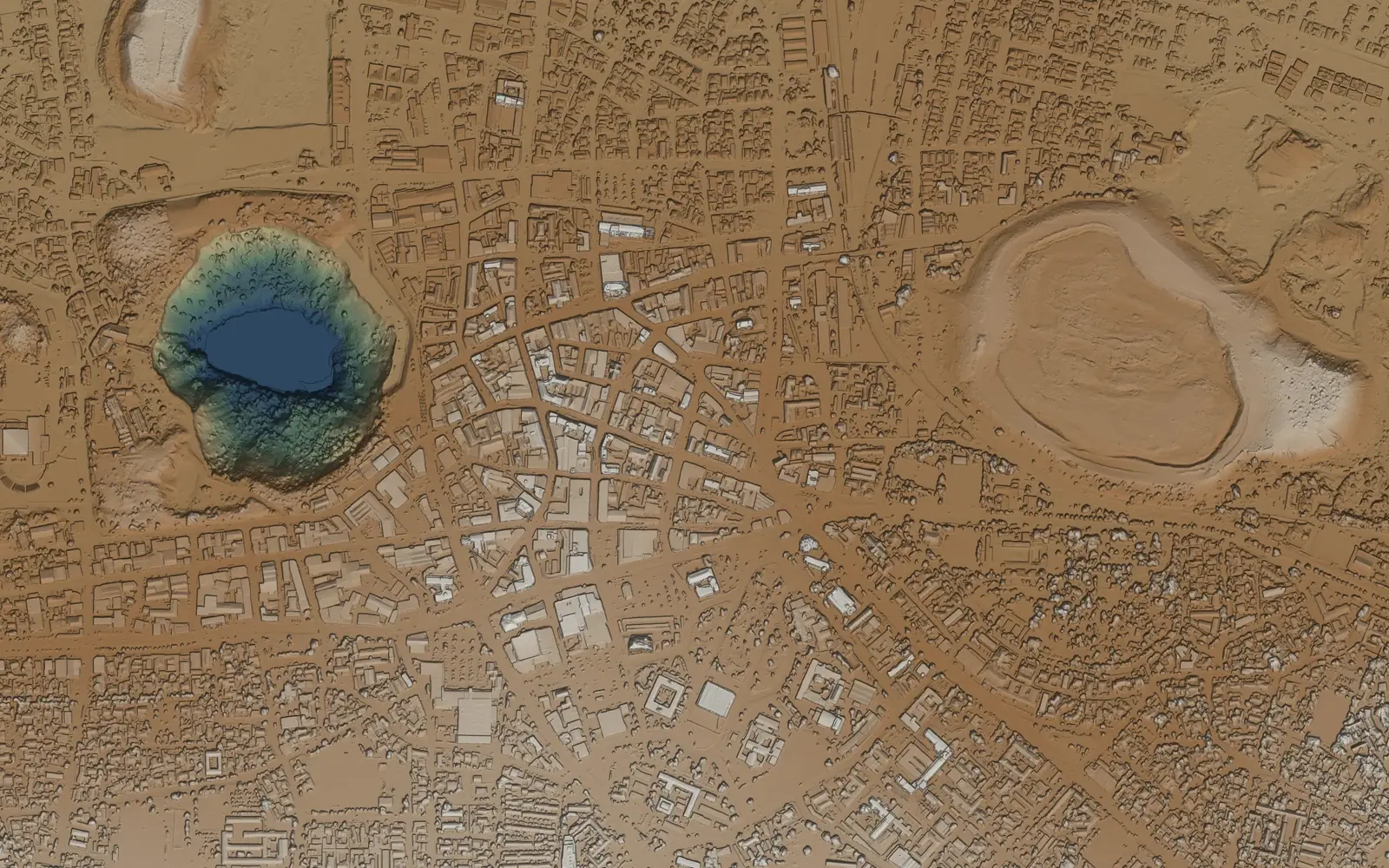 Shaded surface model of the same area, showing every building, tree and the stepped walls of the Big Hole.