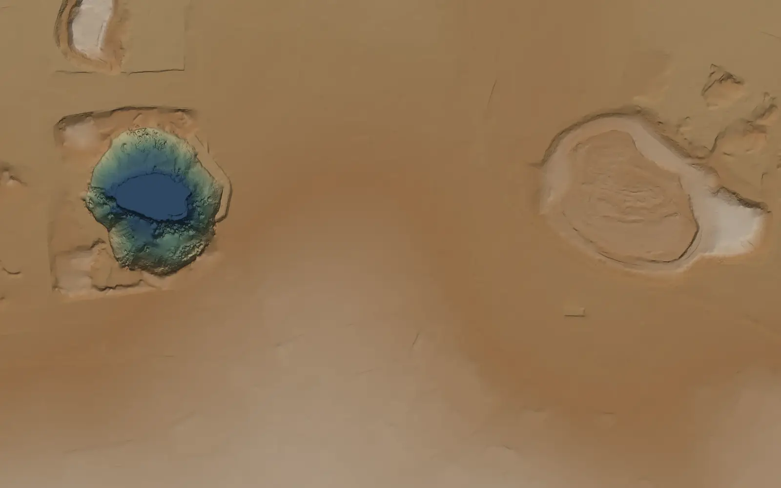 Bare-earth terrain model of the same area: buildings and trees removed, the Big Hole, its water level and the mine workings kept.