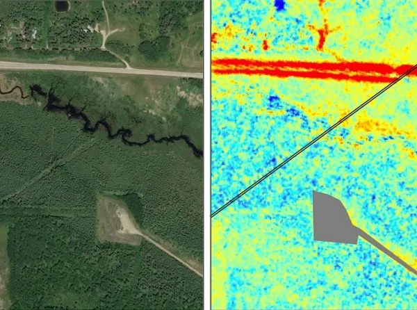 The same corridor shown in natural colour beside an index view that picks out the cleared easement