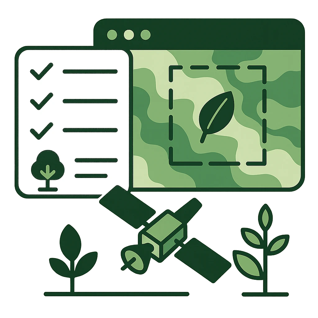 Illustration of a ticked checklist beside a green map tile with a dashed boundary around a leaf, and a satellite below