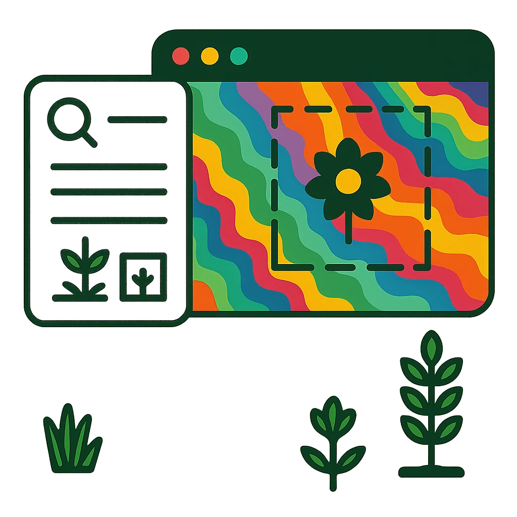 Illustration of a search panel beside a false-colour map tile with a dashed boundary around a flower, and plants below