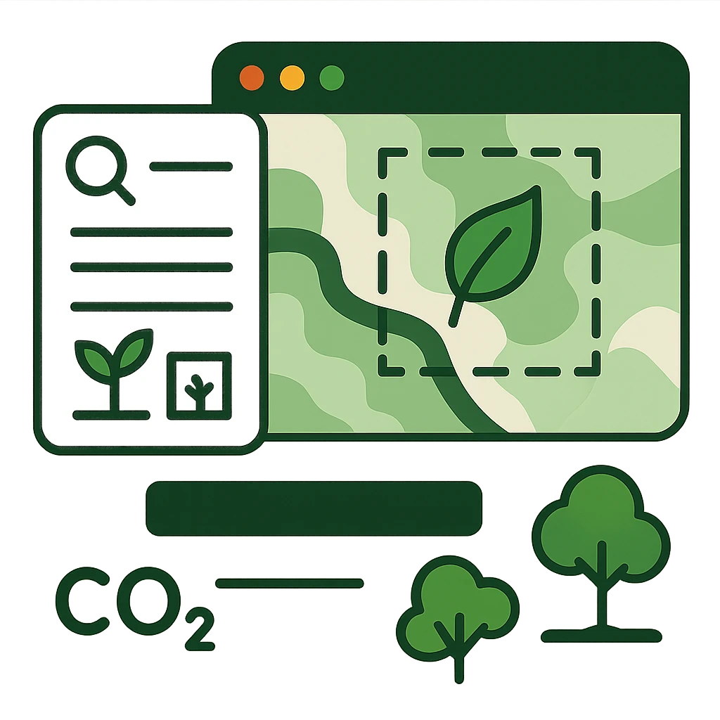 Illustration of a search panel beside a green map tile with a dashed boundary around a leaf, and a CO2 label below