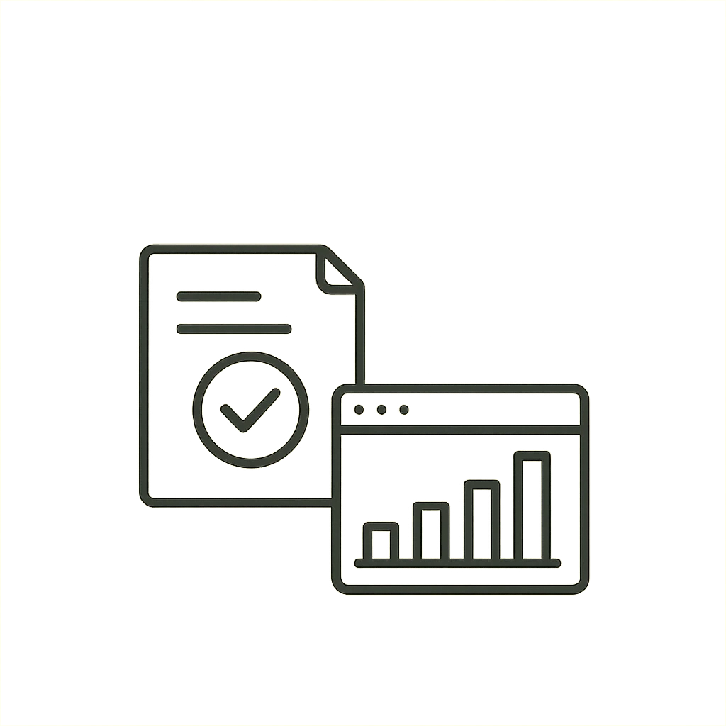 Line drawing of a document with a tick beside a browser window holding a rising bar chart