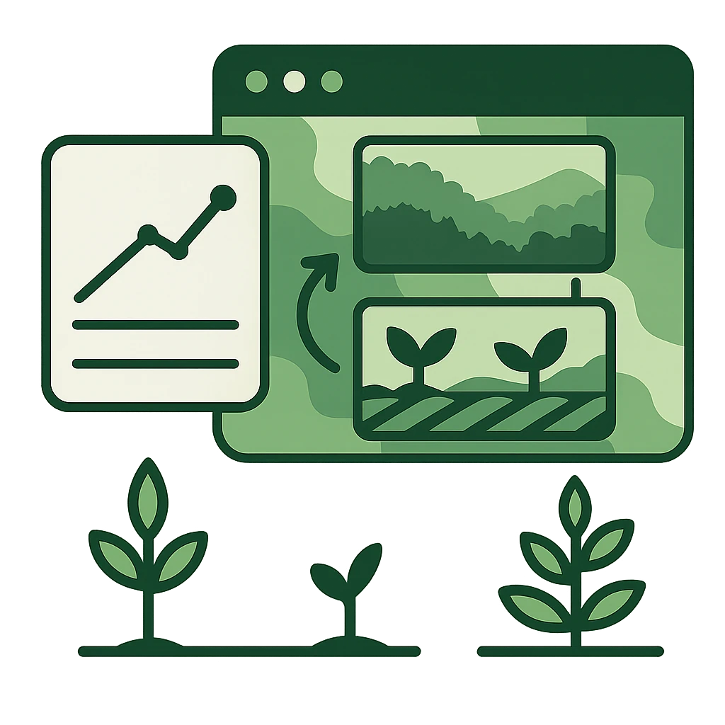 Illustration of a trend-line card beside two stacked map tiles, a bare planting block and an established canopy, joined by an arrow