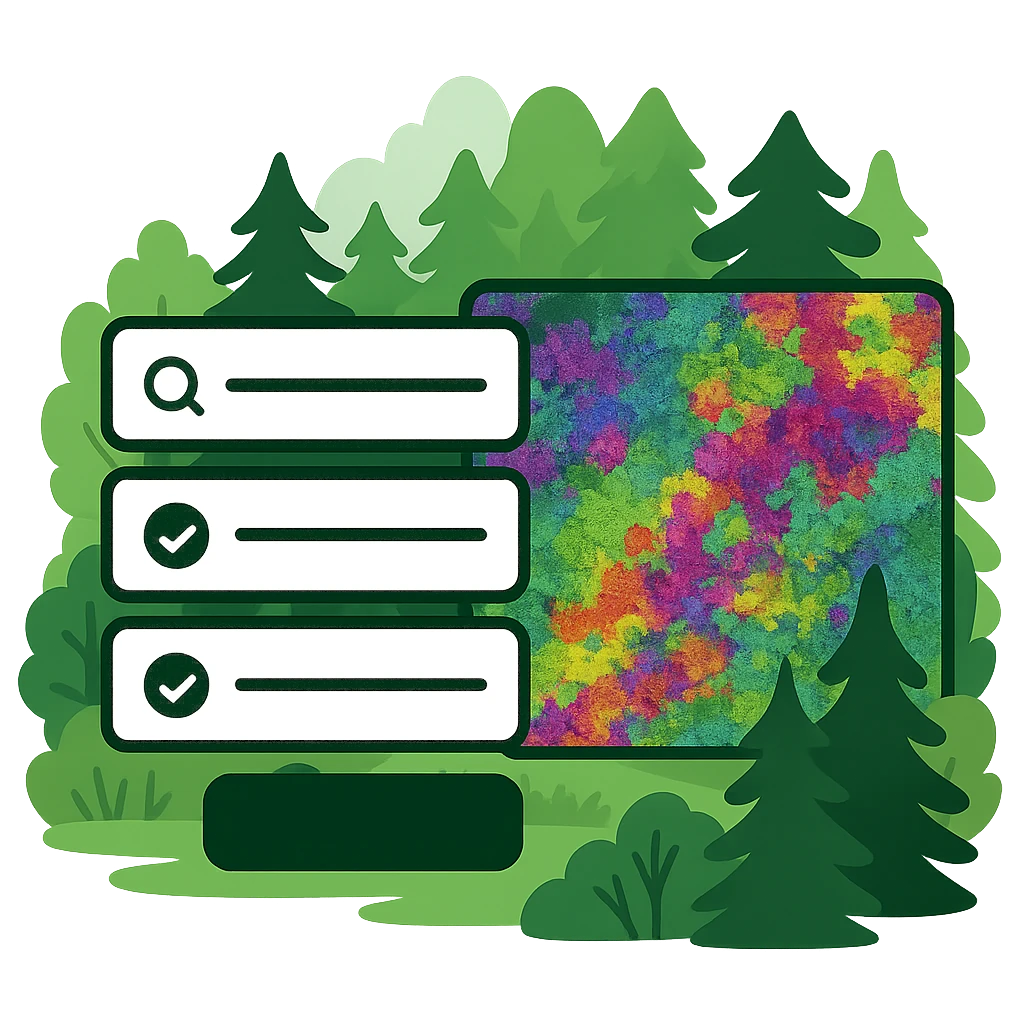 Illustration of a search panel over a forest scene beside a false-colour tile of mottled spectral classes