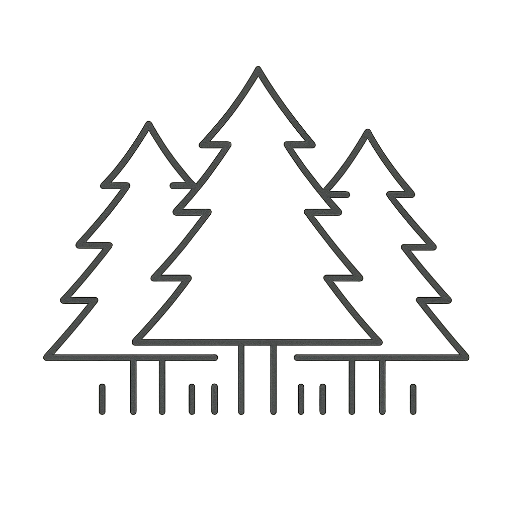 Line drawing of three conifers standing over a row of measurement ticks