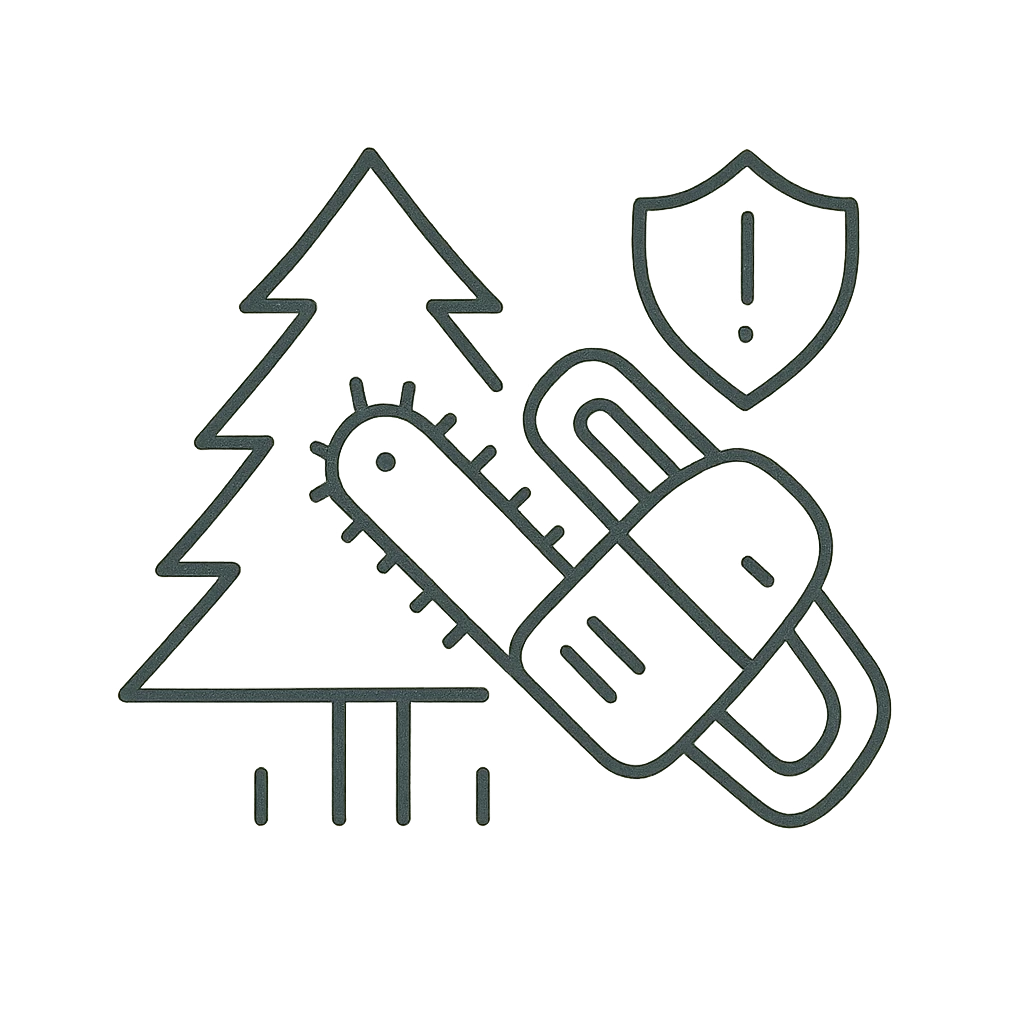 Line drawing of a conifer with a chainsaw across it and a warning shield behind
