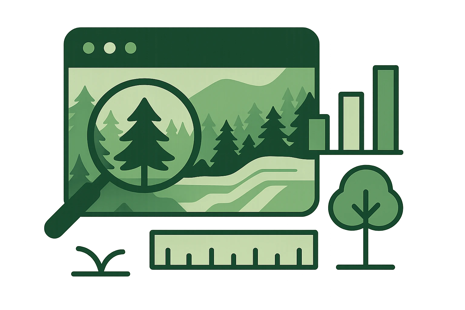 Illustration of a browser panel showing a conifer stand under a magnifier, beside a bar chart, a ruler and a broadleaf tree