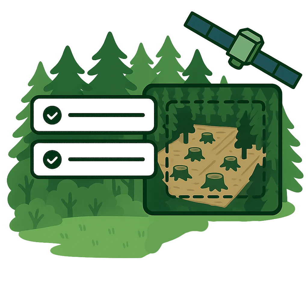Illustration of a satellite over a forest tile with a dashed boundary around a cleared patch of stumps