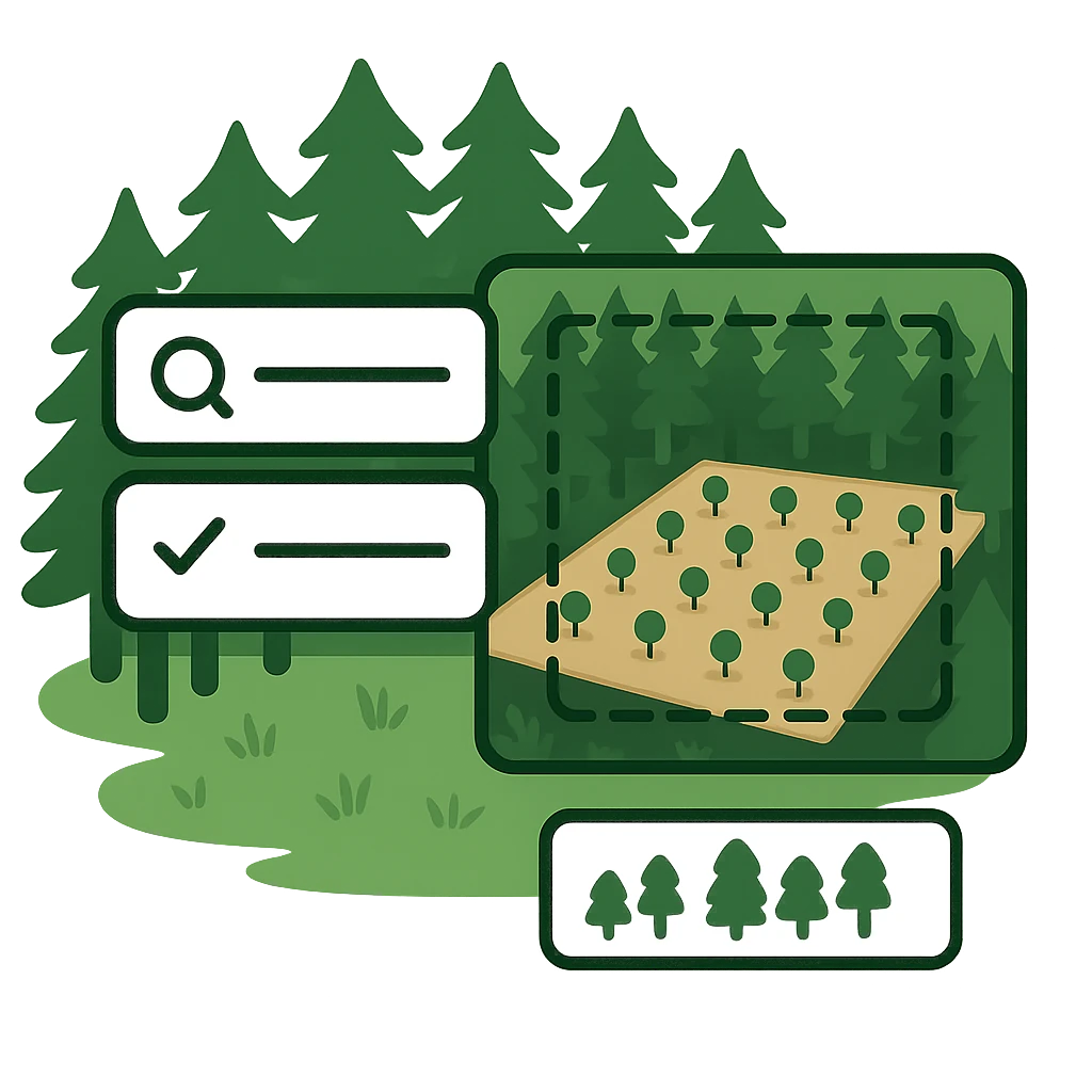 Illustration of a forest tile with a dashed boundary around a replanted block of evenly spaced saplings