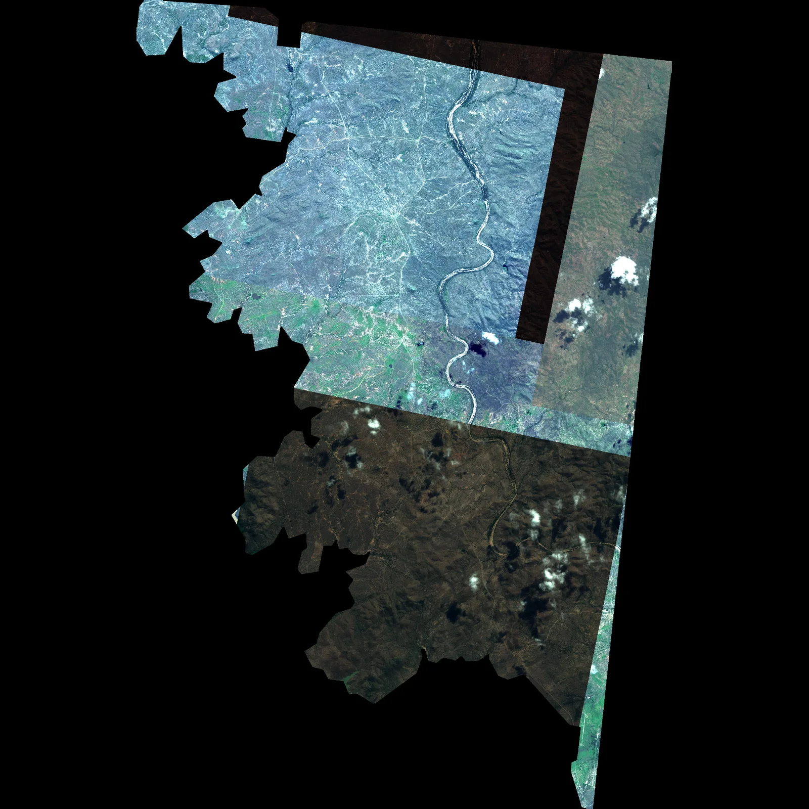 The Burdekin River area as fourteen input scenes from a year of collection, stacked with their real seasonal and exposure differences and visible scene borders.