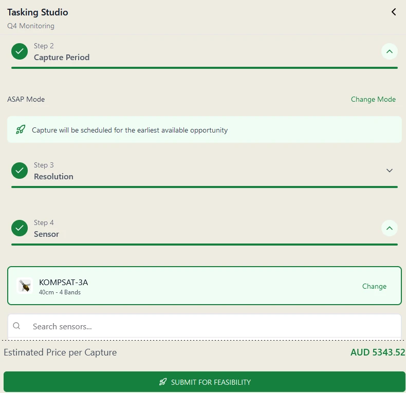 Pera Portal Tasking Studio with the capture period, resolution, and sensor steps complete, showing an estimated price per capture above the submit button