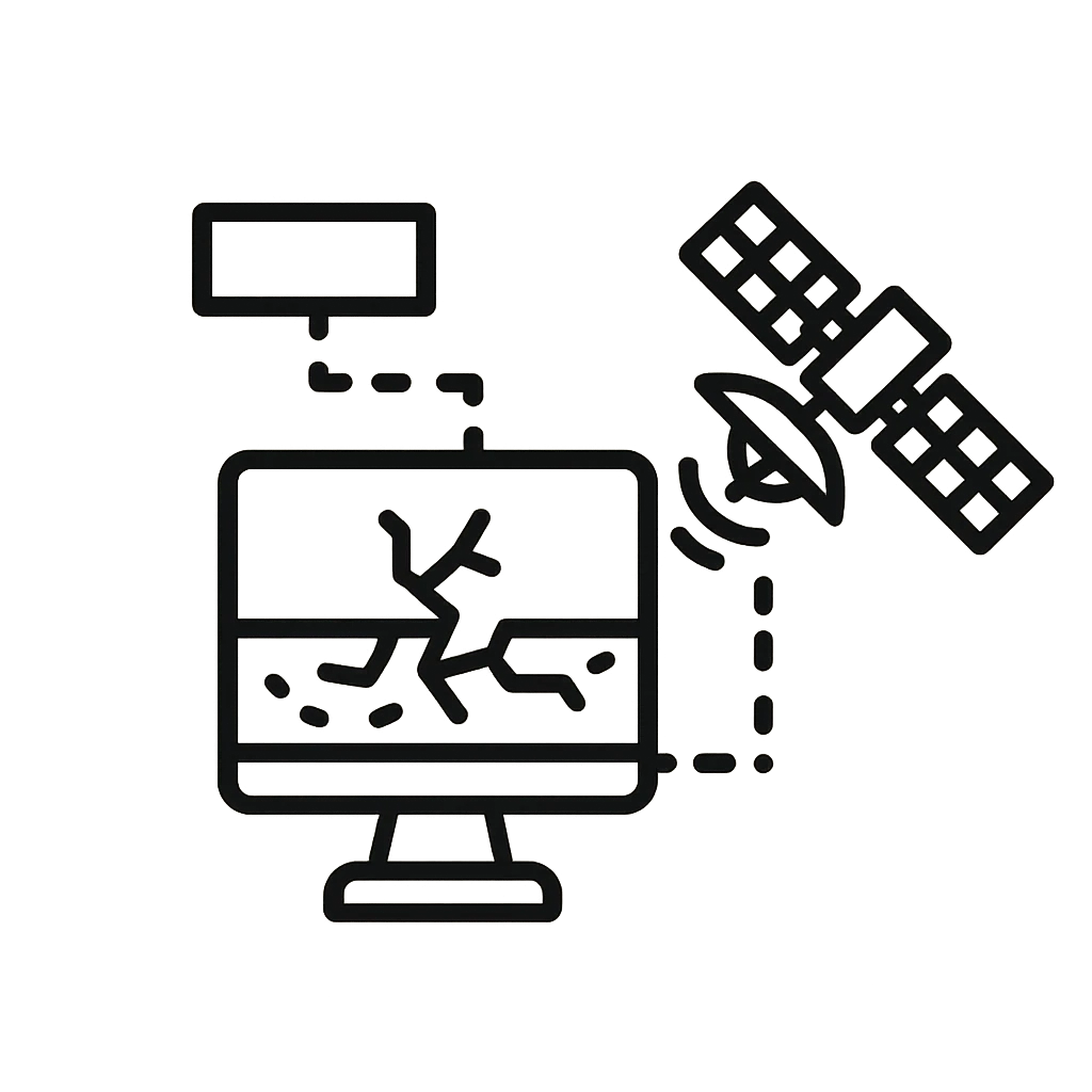 Line drawing of a satellite downlinking to a monitor that shows cracked, disturbed ground