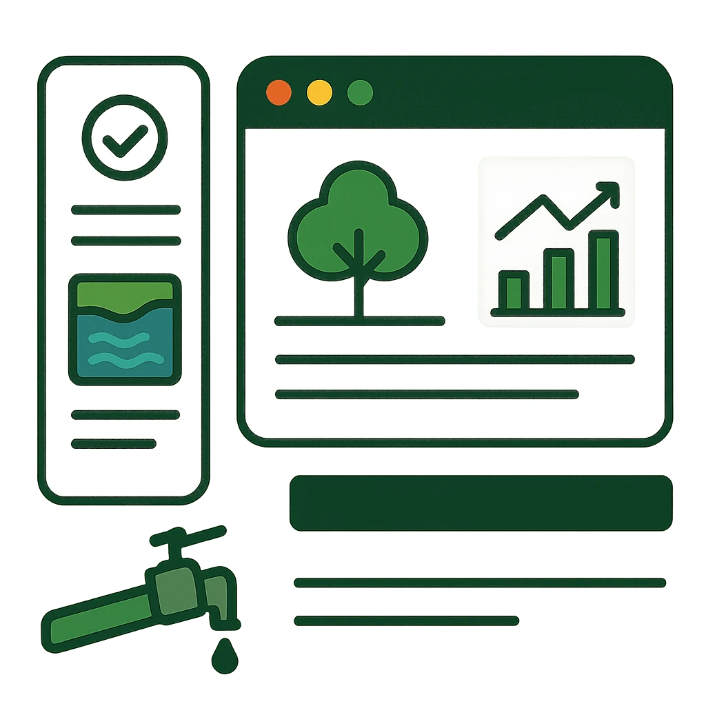 Illustration of a compliance report panel with a tick, a water level gauge, a tree, a rising bar chart and a dripping tap