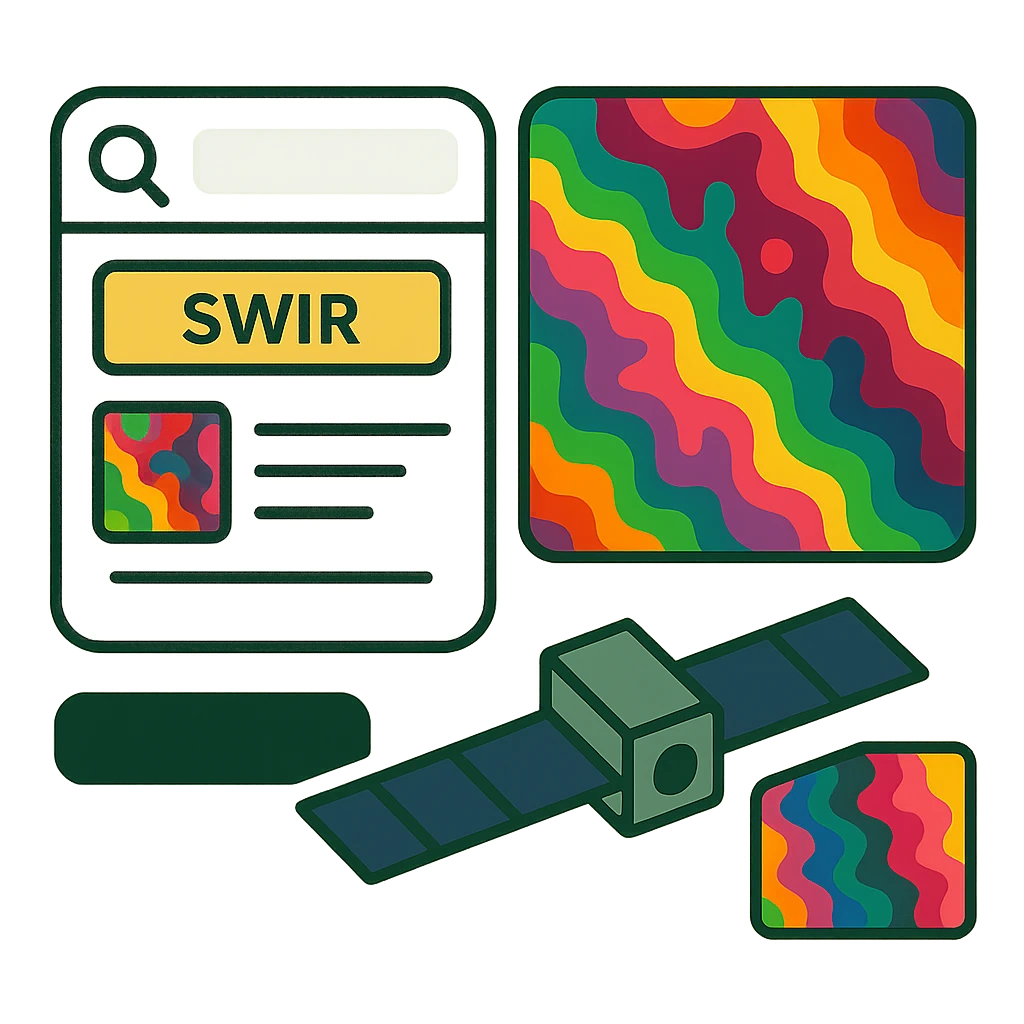 Illustration of a satellite beside a panel labelled SWIR and two false-colour map tiles of banded mineral signatures